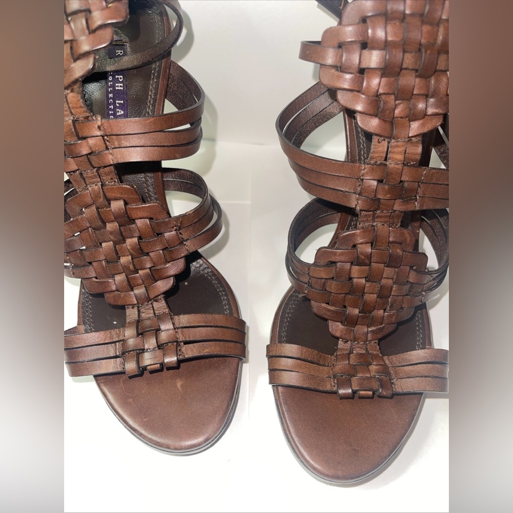 RALPH LAUREN COLLECTION PURPLE LABEL BROWN LEATHER HEELS ANKLE STRAP 7.5 ITALY - Picture 2 of 16